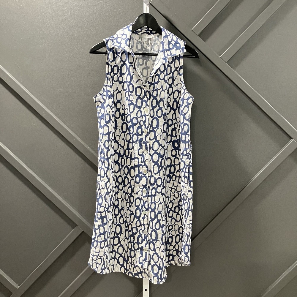 Habitat Clothes Shirt Dress Women S Blue White Abstract Print Linen Sleeveless